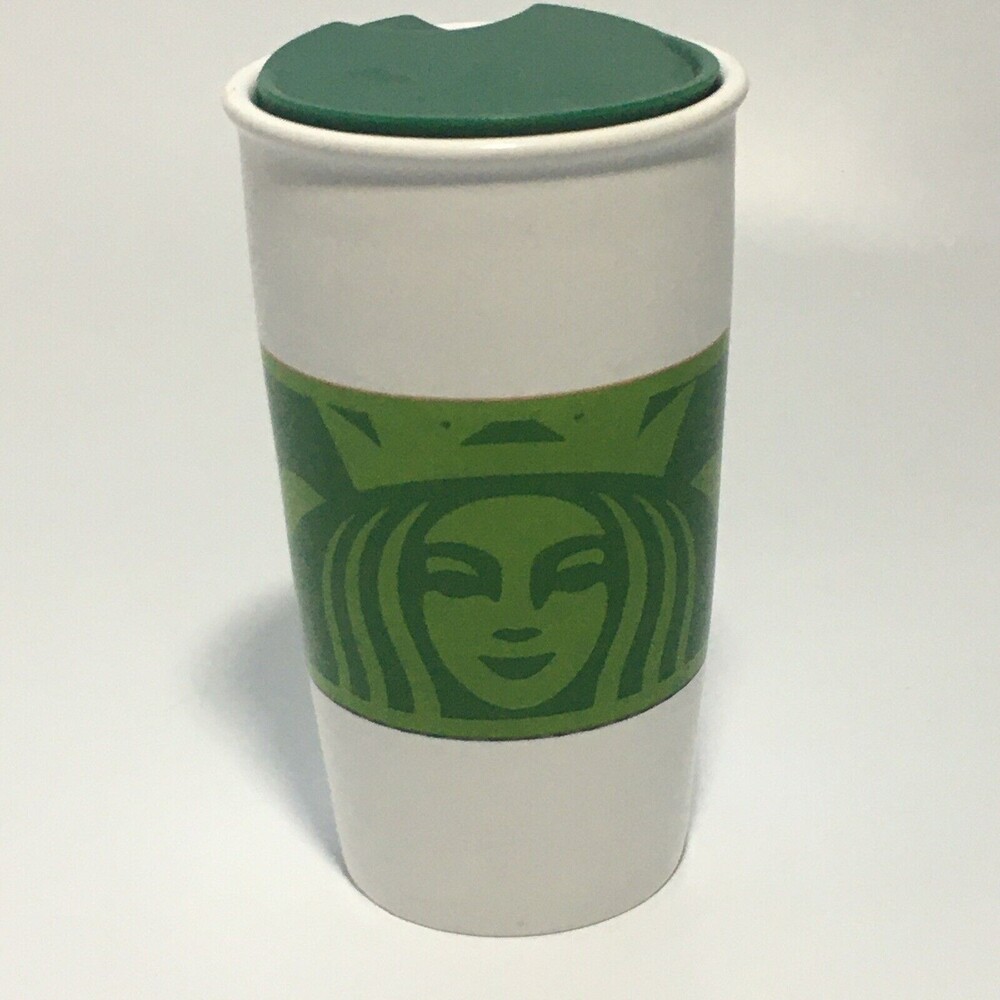 Coffee Travel Mug Starbucks 2012 Ceramic Travel Tumbler Green/White Siren 12 Oz.